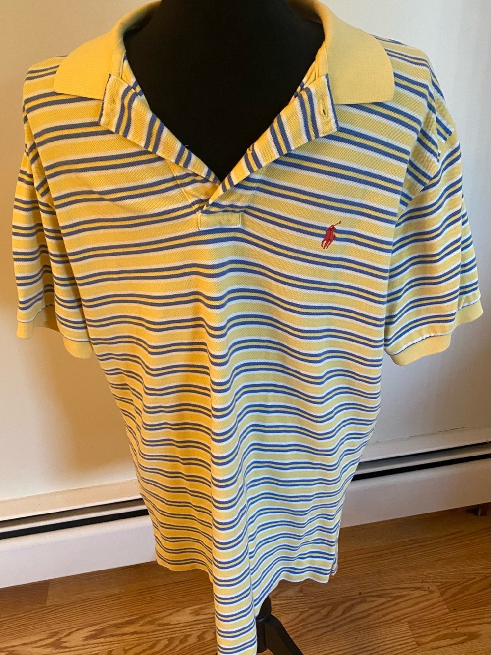 Ralph Lauren Yellow Polo Short Sleeve Shirt with Blue & White Stripes Size Lg